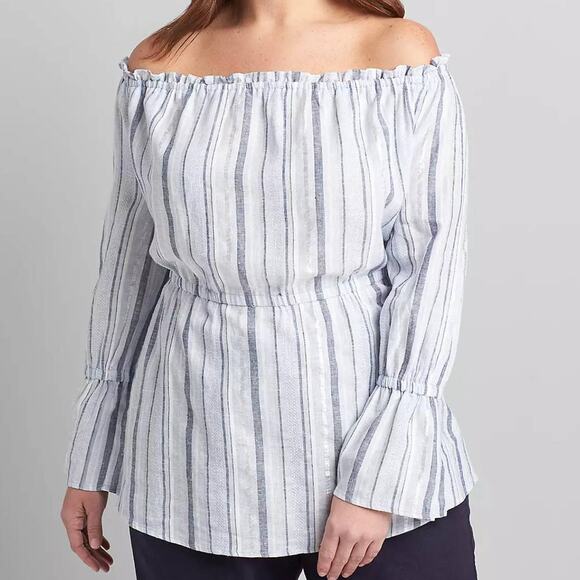 NEW Lane Bryant Off The Shoulder Top Women's Plus Size 14/16 Blue Striped Linen - Picture 1 of 11